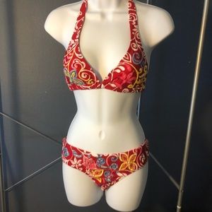 Embroidered Red and White Flowers Bikini